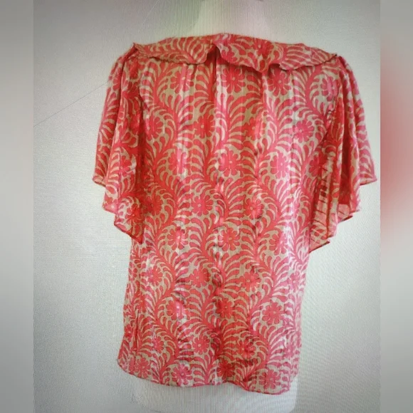 NWOT Milly Coral Red & Tan Leafy Abstract Floral Ruffle Blouse Silk Top M - Picture 4 of 10